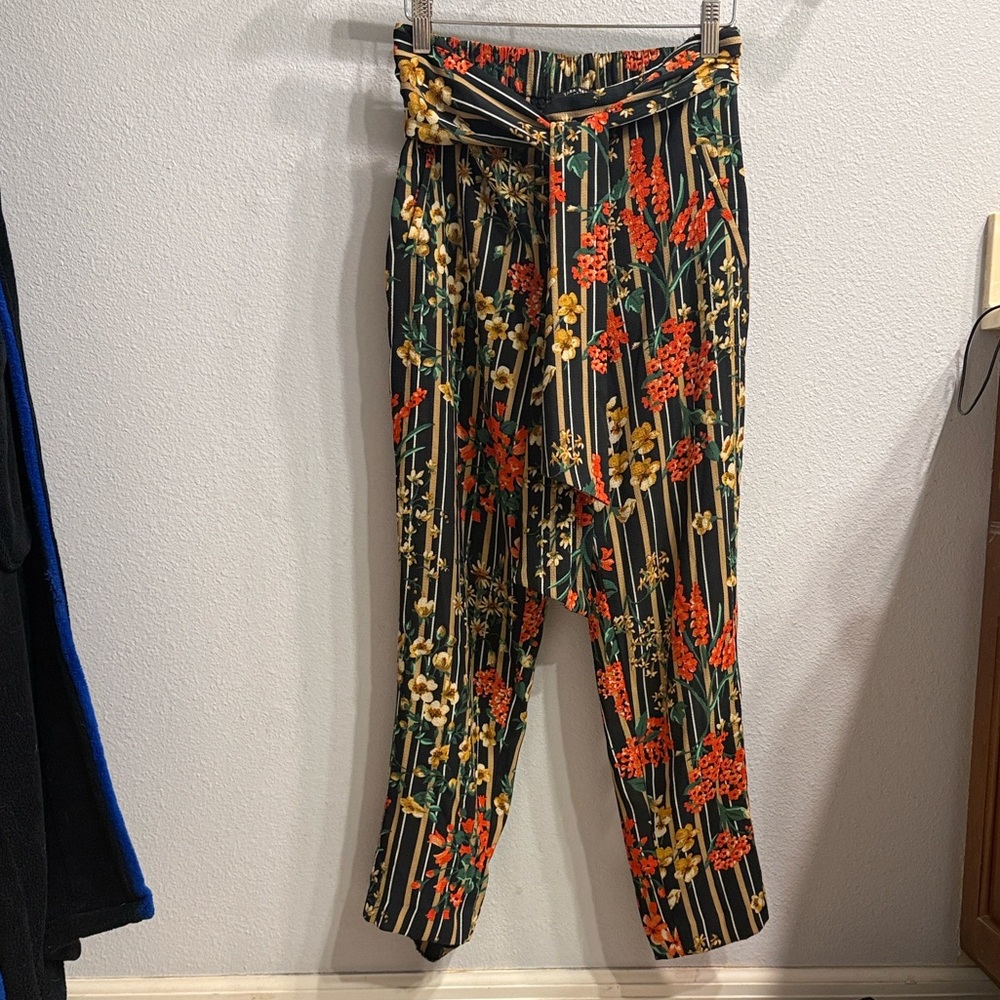 Zara Black Striped Paperbag Ankle Pants - Red & Yellow Floral (read about fit)